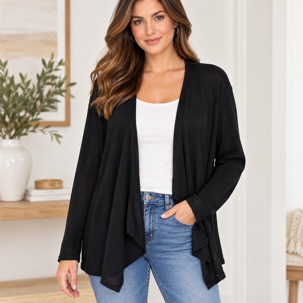 J. Jill Black Linen Blend Open Front Draped Cardigan Sweater Petite Large L P